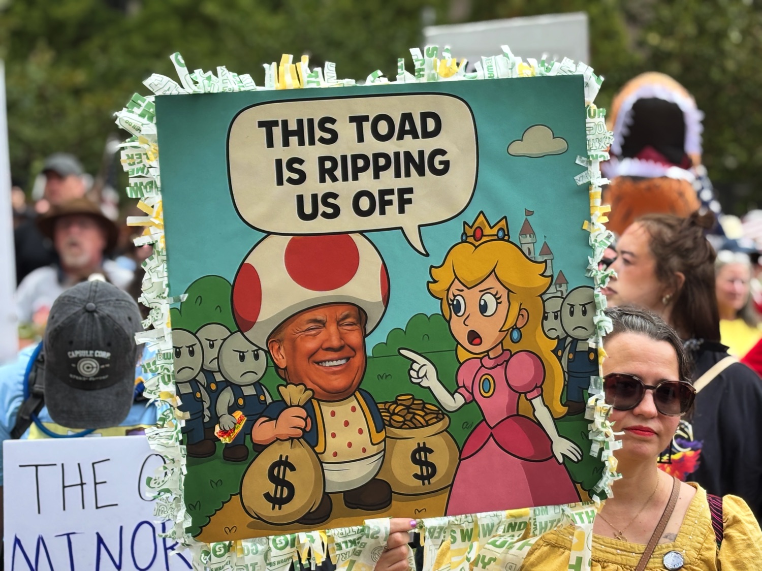 Anti-Trump sign depicting him as Mario Bros. toadstool.